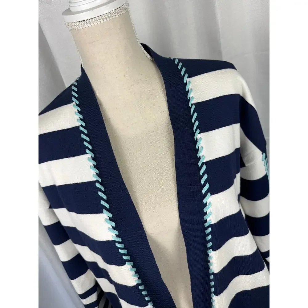 Chico's Striped Cardigan Sweater M Nautical Coastal Grandma Open Front - Picture 3 of 7